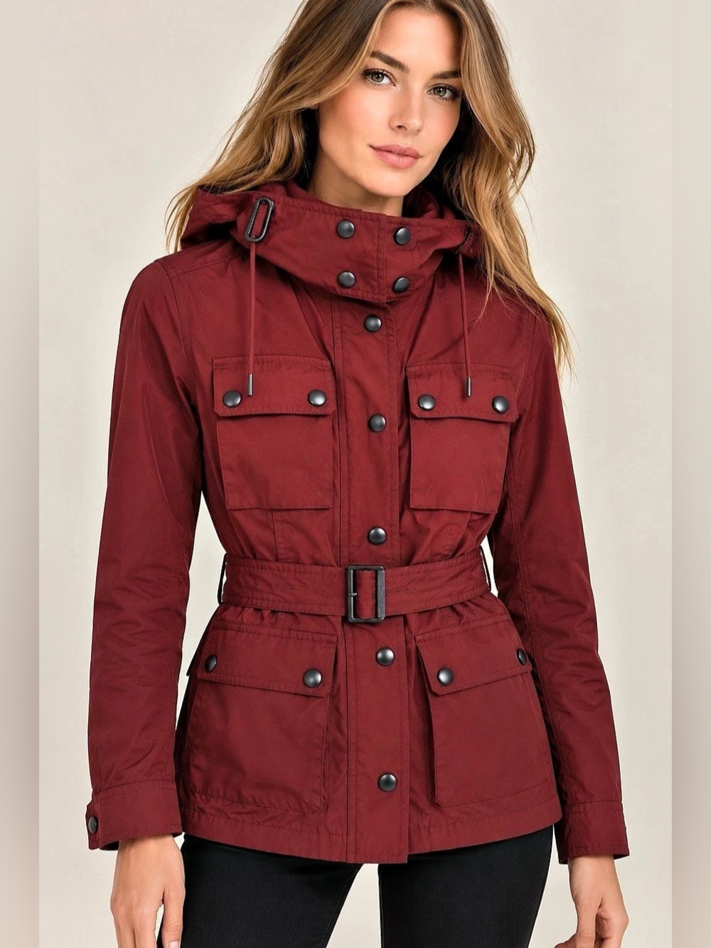 Burberry Brit Burgundy Belted Hooded Field Jacket US 4 UK 6